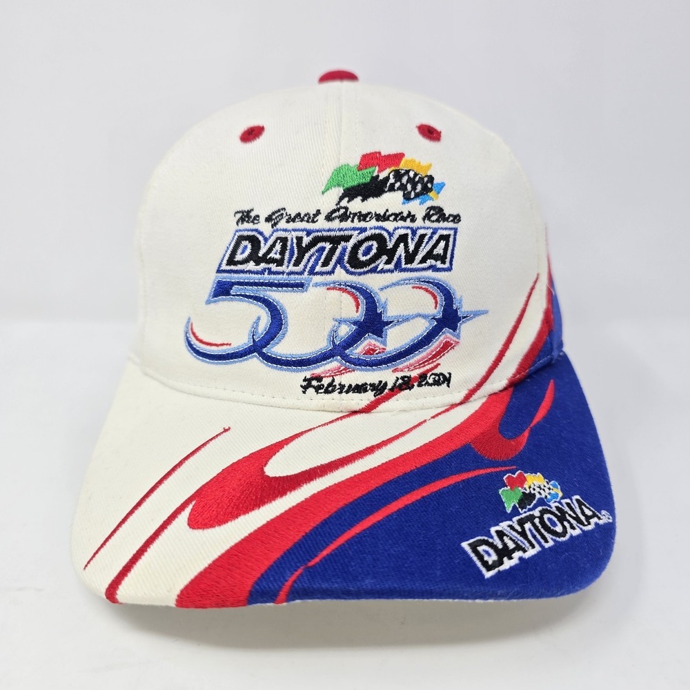 Vintage Daytona 500 2001 Hat Checkered Flag Sports NASCAR Racing Cap White Blue